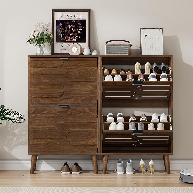 Shoe Cabinet Storage for Entryway with 2 Flip Drawers, Narrow Shoe Cabinet for Entryway, Hidden Slim Shoe Organizer Rack Cabinet (Brown, 23.6" W) - Image 6