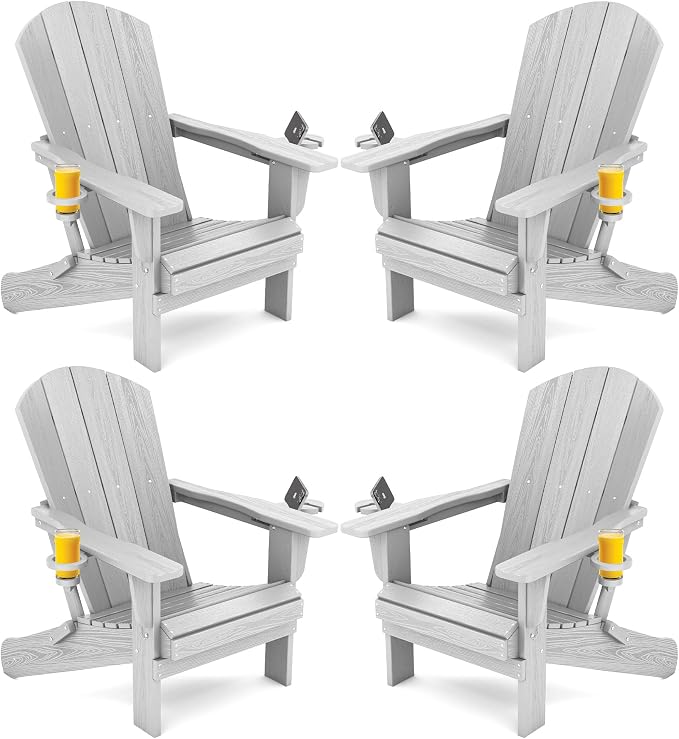 SERWALL Adirondack Chair with Cup Holders - Composite Adirondack Chairs Set of 4 HDPE Outdoor Chairs All Weather Use- Silver Gray by SERWALL