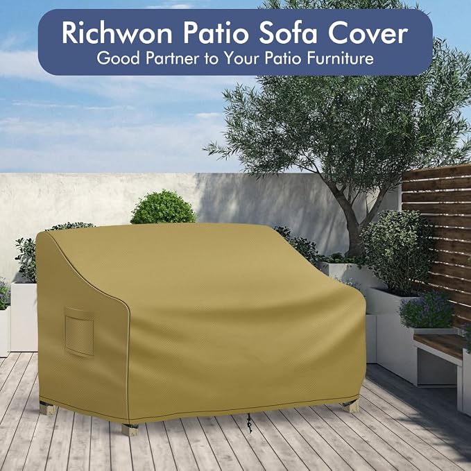 Richwon Patio Loveseat Cover Waterproof, 2-Seater Outdoor loveseat Cover, Patio Furniture Covers with Air Vent and Handles, 60W x 34D x 30H Inches, Khaki - Image 7