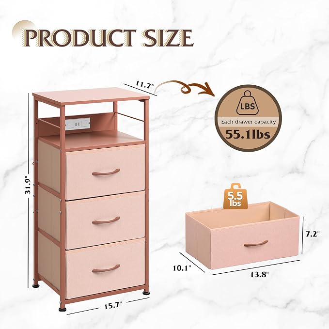 WLIVE Nightstand with Charging Station, 31.9" H Nightstand with 3 Fabric Drawers, LED Bedside Table with USB Ports and Outlets, End Table for Dorm, Bedroom, Entryway, Pink - Image 3