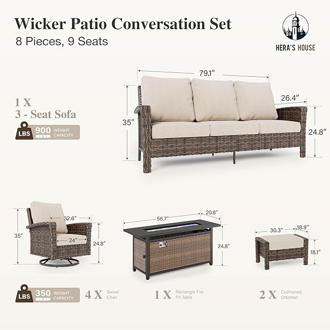 HERA'S HOUSE 8-Piece Outdoor Furniture Set with Fire Pit Table, Patio Conversation Set with 5.5" Thick Cushions & High Back Swivel Chairs, All-Weather Wicker Deep Seating Sofa with Ottomans, Beige