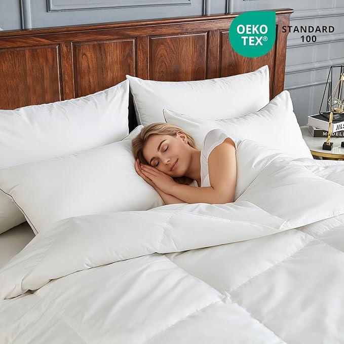 Goose Feather Comforter Twin Size, 100% Cotton Duvet Insert All Season, Bed Comforter Quilted with 8 Corner Tabs Hotel Luxury Fluffy Duvet Insert, 68 x 90 Inch, Machine Washable, White