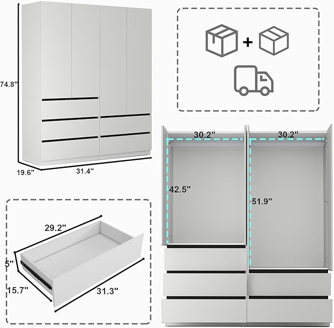 Modern Wardrobe Closet with 4 Doors: 75" White Armoire with 5 Drawers, Wooden Wardrobe for Hanging Clothes, Tall Storage Cabinet with Shelves and Hanging Rod (A+B, 63")