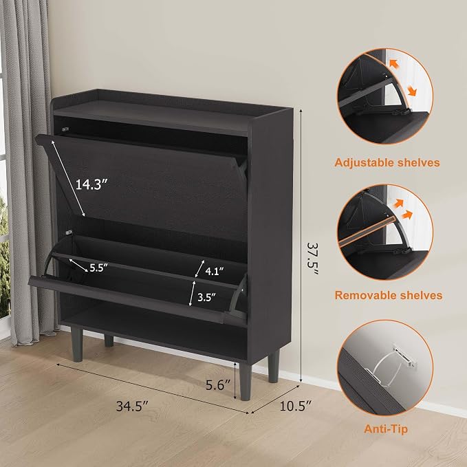 GarveeHome Shoe Cabinet with 2 Flip Drawers, Wooden Shoe Organizer Cabinet with Adjustable Shelf, Shoe Storage for Entryway, Hidden Shoe Cabinet for Hallway, Living Room, Black - Image 2