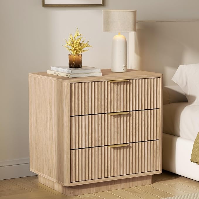 Fluted Night Stand with Charging Station, 22.4" W with Hidden Drawer, 4 Drawers, Wood End Table Mid Century Night Stands for Bedroom, Natural Oak - Image 2