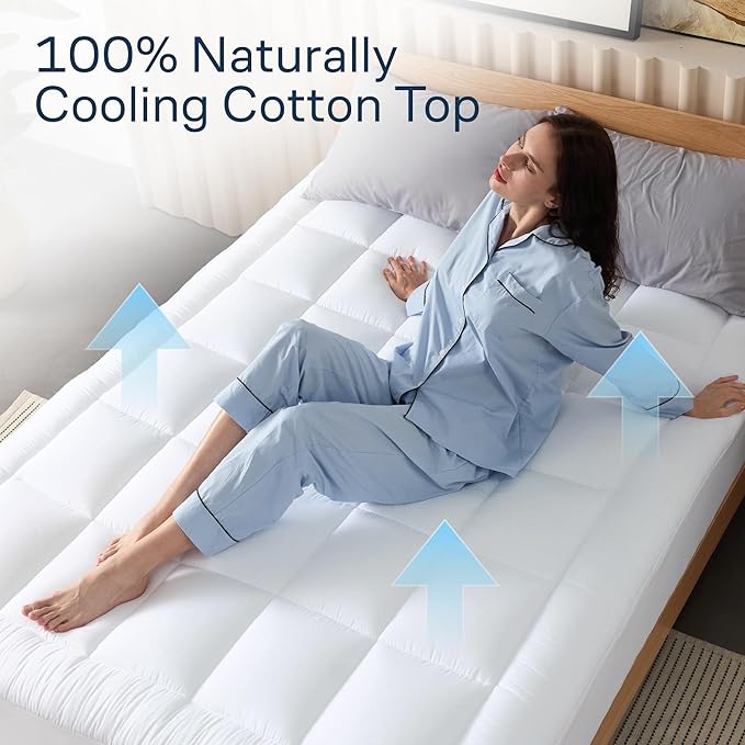 Cloud-Like Full Size Mattress Topper - 100% Cotton Top Mattress Pad for Back Pain Relief - Breathable & Naturally Cooling for Hot Sleepers, White