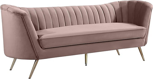 Meridian Furniture Margo Collection Modern | Contemporary Velvet Upholstered Sofa with Deep Channel Tufting and Rich Gold Stainless Steel Legs, Pink, 88" W x 30" D x 33" H