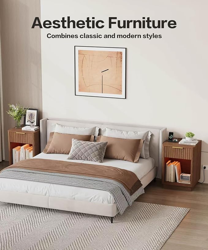 Akxomel Fluted Nightstands Set of 2, Wooden Night Stand with Charging Station and LED Light, Modern Mid Century End Table with Drawer, 15" D x 15.7" W x 22.6" H, for Bedroom, Walnut - Image 4