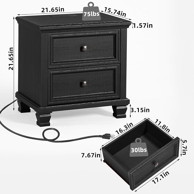 SAVOR LIFE Farmhouse Nightstand Set of 2, Rustic Low Nightstands with 2 Drawers & Charging Station, Vintage Night Stands with 4 Square Solid Wood Legs, Small Dresser for Bedroom, Home, Black - Image 2