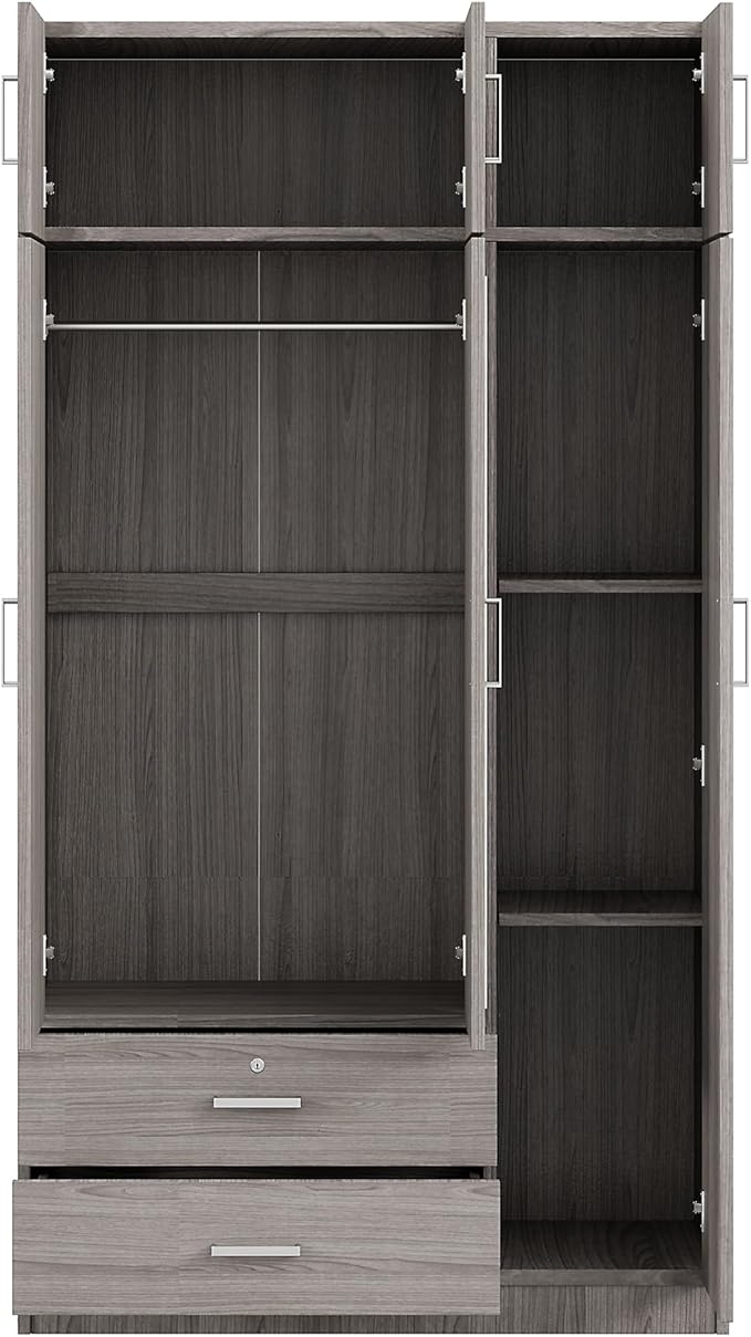Merax 3 Doors Wardrobe with Mirror Door and Top Cabinet, Wooden Closet Wardrobe Organizers with Hanging Rail, 2 Drawers and 4-Tier Storage Shelves for Bedroom, Laundry Room, Gray