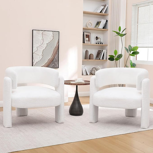 Accent Chairs Set of 2, Modern Sherpa Barrel Chairs, Upholstered Living Room Chairs with 3 Legs, Comfy Armchair Reading Side Chair for Bedroom, Office, Apartment, White