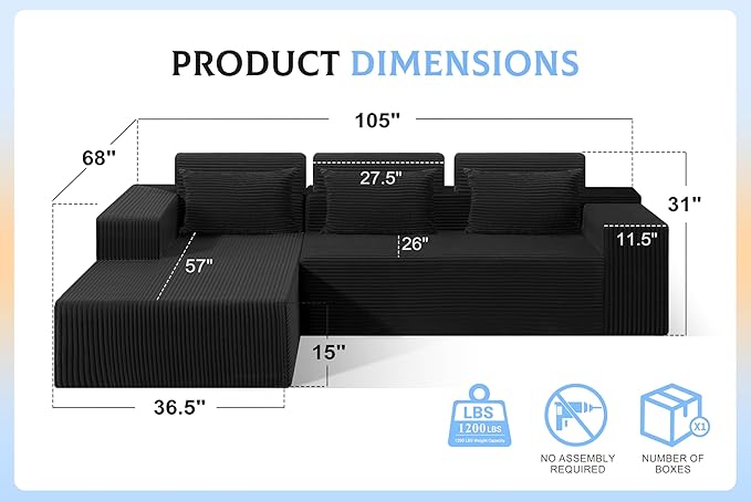 Homguava Modular Sectional Couches for Living Room,105" Cloud Couch with L-Shape Chaise,Comfy Sofa Living Room Sofas with Deep Seat,No Assembly L Couch,Corduroy Fabric(Black,L)