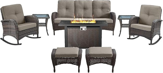 Belord Patio Furniture Set with Fire Pit Table - 8 Piece Outdoor Wicker Furniture Set with 43" 50000 BTU Propane Fire Pit and Rocking Chairs Patio Conversation Set for Deck Outside Backyard Grey