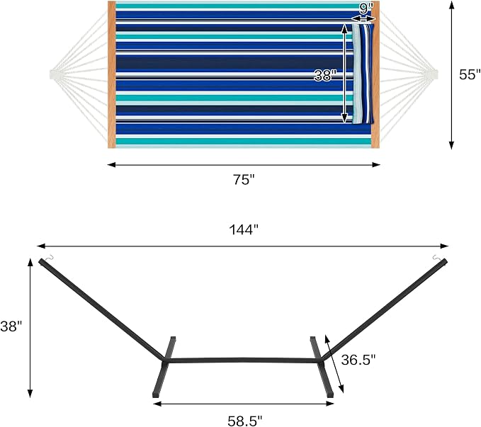 Homgava Two Person Hammock with Stand for Outside Heavy Duty, Outdoor Patio Hammock with Portable Steel Stand, Large Double Hammocks,480lbs Capacity.(Blue Stripes) - Image 4