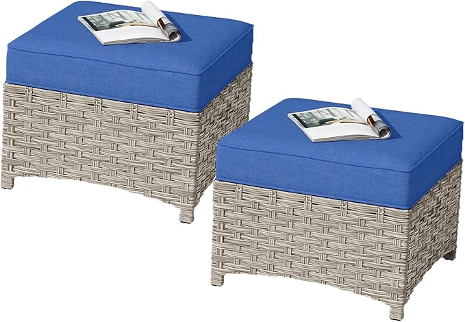 HOOOWOOO 2 Piece Patio Ottoman Set,Outdoor Wicker Ottomans,All Weather Resistant Rattan Deck Ottoman Matching Furniture(Navy Blue)
