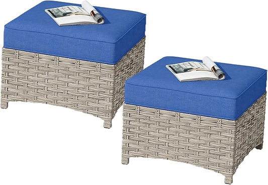 HOOOWOOO 2 Piece Patio Ottoman Set,Outdoor Wicker Ottomans,All Weather Resistant Rattan Deck Ottoman Matching Furniture(Navy Blue)