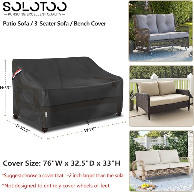 Outdoor Couch Cover Waterproof Heavy Duty Patio Furniture Covers, 76W x 32.5D x 33H Inches 3 Seater Outdoor Sofa Cover (Black) - Image 3