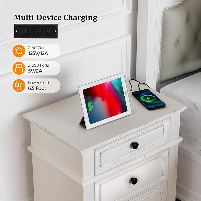 VINGLI Nightstand with Charging Station, 24" W Large Nightstand with 3 Textured Drawers, Bedroom Nightstands w/Curved Legs, Bedside Table, Side Table, Vintage Night Stand, Antique White - Image 4