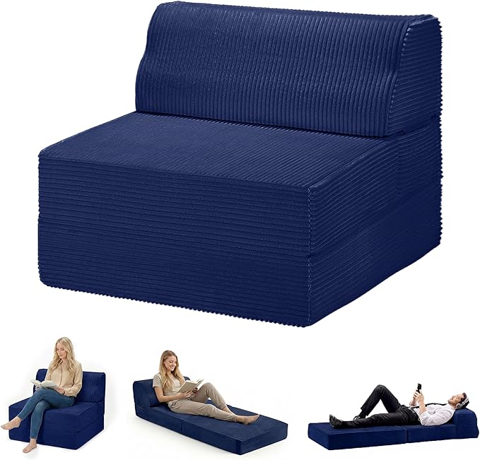 Folding Sofa Bed with Pillow, Memory Foam Fold Out Chair Bed, Convertible Sleeper Chair with Washable Cover, Futon Floor Couch for Living Room/Dorm/Guest Use/Home Office/Apartment, Navy Blue