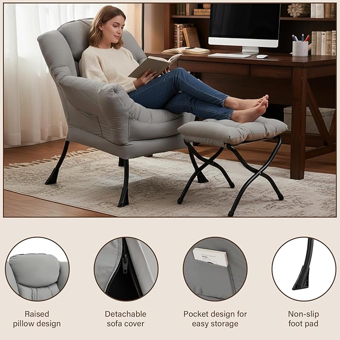 Welnow Lazy Chair with Ottoman, Modern Accent Chair with Armrests and a Side Pocket, Leisure Sofa Armchair Set, Reading Armchair with Footrest for Small Space, Light Grey