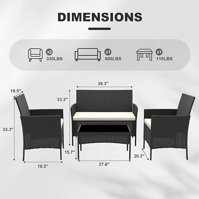 4 Pieces Patio Furniture Sets, Outdoor Wicker Conversation Sets with Soft Cushion and Glass Table, All Weather Manual Rattan Chairs for Garden, Terrace, Porch, Lawn, Poolside, Black and Beige