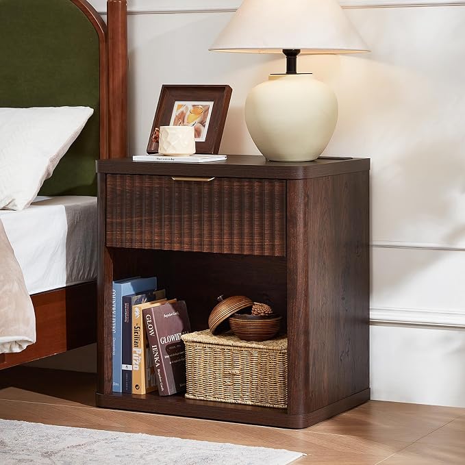 LEYAOYAO Fluted Farmhouse Nightstand Set of 2 with Charging Station, 23" Wide 1 Drawers Night Stand,Walnut Dresser for Bedroom,Bed Side Table Chest of Drawers,Wood End Table for Living Room - Image 4