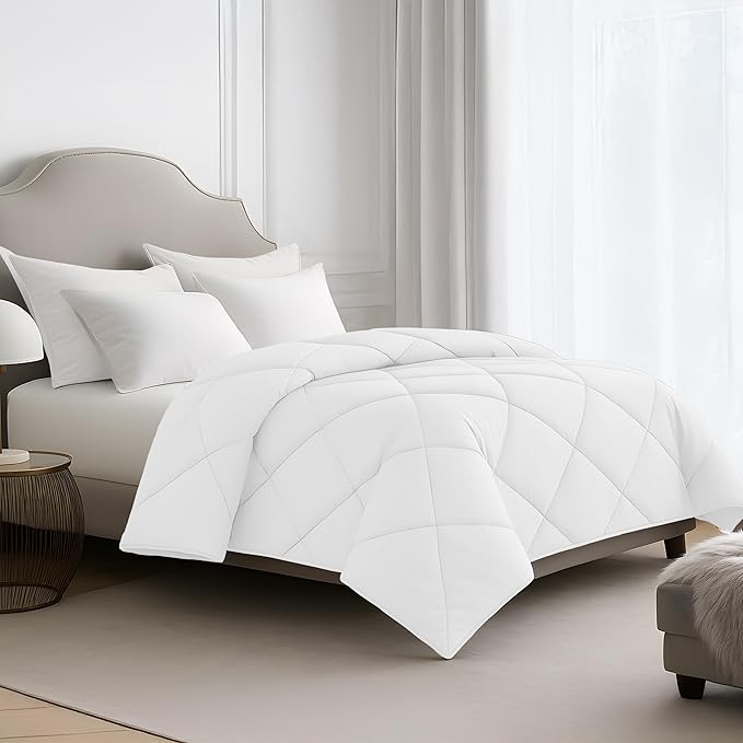 LUX Décor Lightweight Comforter Queen Size - Soft Breathable Down Alternative Diamond Stitched, All Season White Comforter with Double Stitched Piping, Oeko-TEX