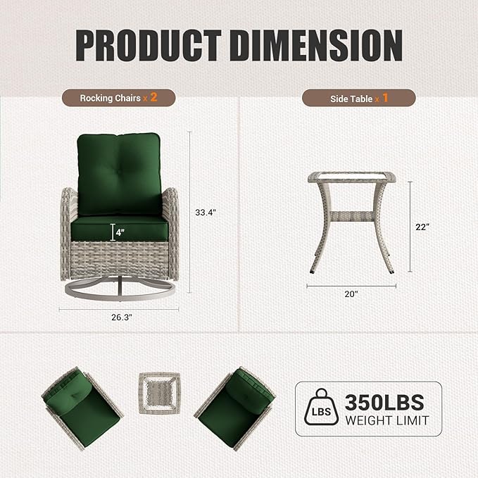 Patio Rocking Swivel Chairs Outdoor Wicker Rattan Bistro Set with Tempered Glass Side Table, Outdoor Patio Furniture Set for Garden, Deck, and Balcony, Dark Green