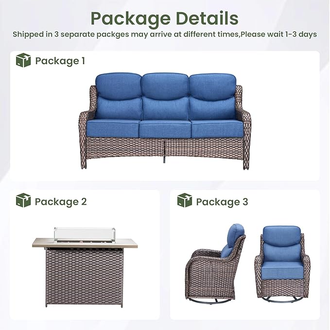 Luxury Patio Furniture Set with 6-inch Thick Cushion, Outdoor Furniture with Fire Pit Table, Swivel Chairs, Sofa, 4pcs Wicker Conversation Set for Deck Yard and Poolside(Blue)