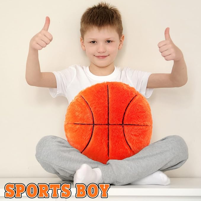 Jetec 2 Pcs Basketball Pillow Fluffy Soft Throw Cute Basketball Shaped Sports Decoration Round Plush Sport Theme Cushion Stuffed Pillow for Bedroom Decoration