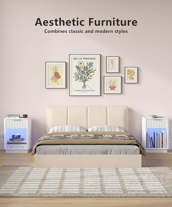 Akxomel Fluted Nightstand, Wooden Night Stand with Charging Station and LED Light, Modern Mid Century End Table with Drawer, 15" D x 15.7" W x 22.6" H, for Bedroom, White - Image 5