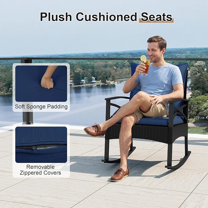 Tangkula 3 Pieces Outdoor Rocking Chairs Set, Rattan Heavy Duty Cushioned Rocker Chairs with 2-Tier Tempered Glass Coffee Table, for Garden, Balcony, Backyard (Black+Navy) - Image 5