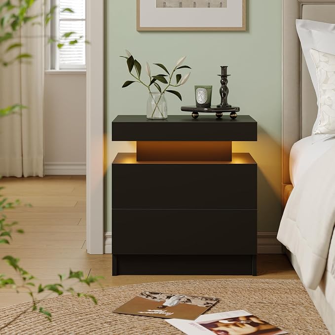 Black LED Nightstand Modern Night Stand for Bedroom Bedside Table with 2 Wood Drawers End Side Table - Image 4