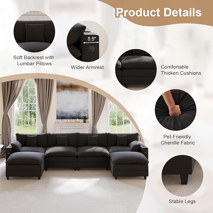 152" Modular Sectional Sofa, U Shaped Cloud Couch with Movable Ottoman, Chenille Deep Seat Cloud Sofa with Charging Station, Cup Holder, Side Pocket, Sectional Couches for Living Room, Black