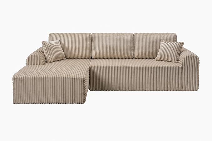 109-Inch L-Shaped Left Facing Boneless Corner Sofa 2 PCS Modular Sectional Cloud Sofa Couch with Chaise Lounge and Toss Pillow, Corduroy Boneless L-Shaped Couches