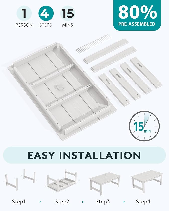 SERWALL HDPE Patio Coffee Table, Rectangle Outdoor Coffee Table, All-Weather Coffee Side Table for Balcony, Poolside, Deck, Garden, White - Image 8