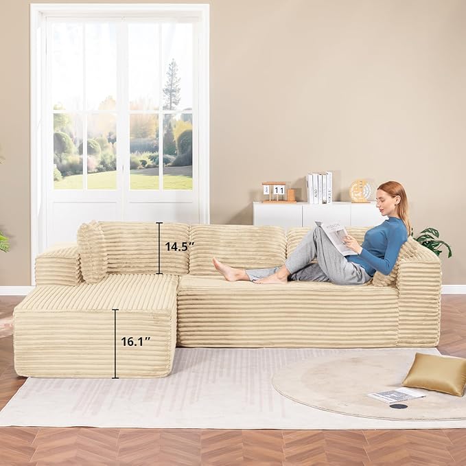 LUCKLIFE Modular Sectional Couch with L-Shape Chaise,Corduroy Upholstery Boneless Couches for Living Room,Oversized Sleeper Sofa,No Assembly Required (Beige, L Shape with Left Facing Chaise)