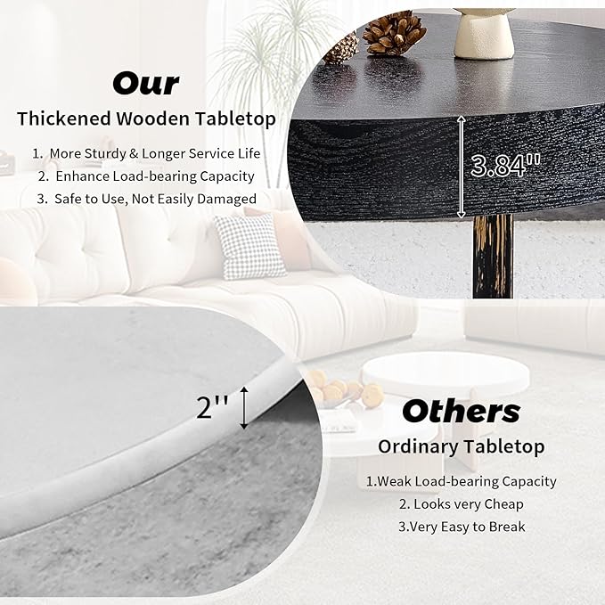 Round Coffee Table, Small Wood Coffee Table with Storage, Modern Mid Century Metal Circle Tables Accent Center Tables for Living Room Apartment Small Space (31.5''D-Black)