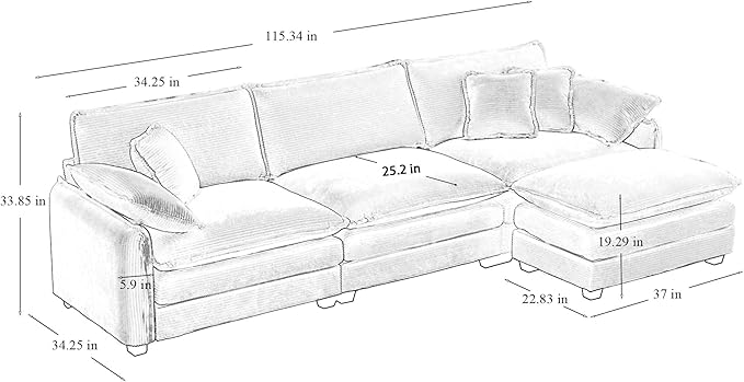 KEIKI 115" L-Shaped Oversized Corduroy Modular Sectional Sofa with 1 Ottoman, High-Density Foam Cushions, Removable Armrests, Upholstered 3-Seater Corner Couch with 5 Pillow, for Living Room, Green
