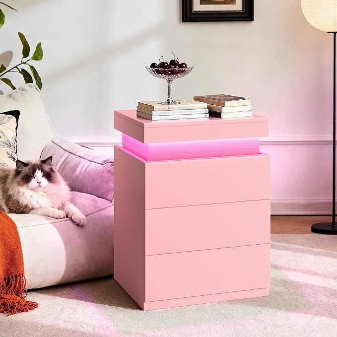 ADORNEVE Nightstand with Charging Station and LED Lights,Night Stand with Sliding Top,Bedside Table with Drawers,Modern End Side Table for Bedroom,Pink - Image 9