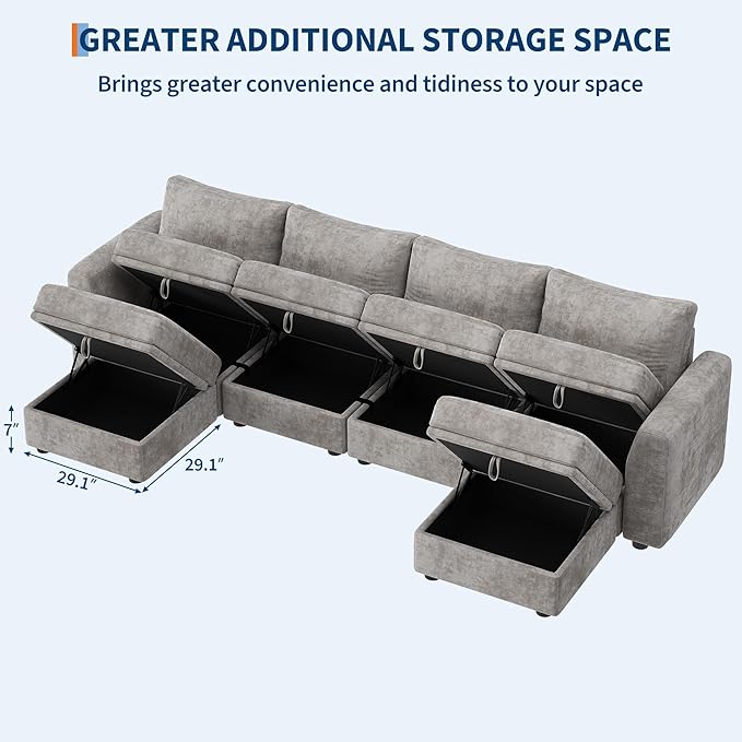 Sectional Couches for Living Room, Cloud Couch Sectional with Large Storage, l-Shape Modular Sectional Sofa with Ottoman (Gray 6-Seater)