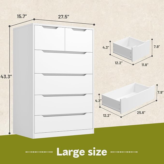 Romorgniz White Dresser for Bedroom with 6 Large Drawers, Tall Chest of Drawers Modern Wooden Dresser for Living Room, Entryway, Hallway, 43.2" H X 27.6" W X15.6 D - Image 3