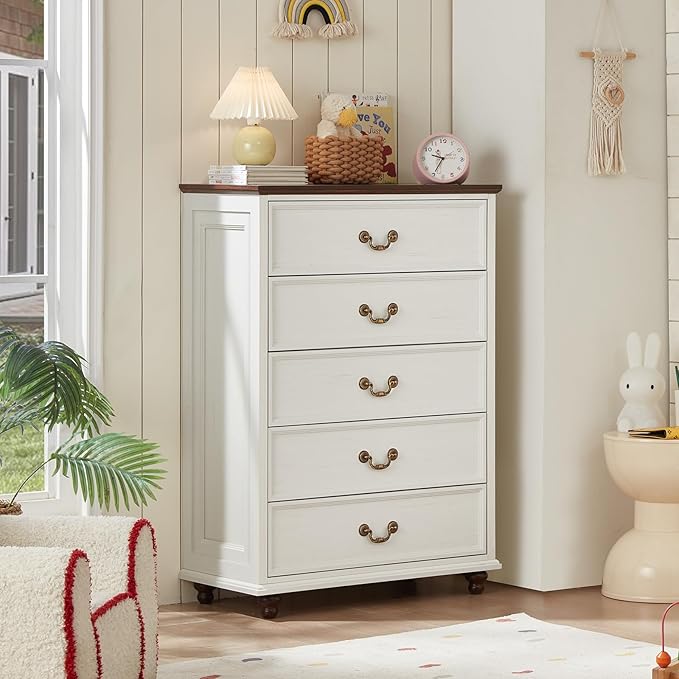 Joaxswe 24" Wide Farmhouse Nightstand with Charging Station Set of 2, 45" Tall Rustic Chests of 5 Drawers w/ 4 Solid Wood Feet, Farmhouse Furniture Series for Living Room,Bedroom,White