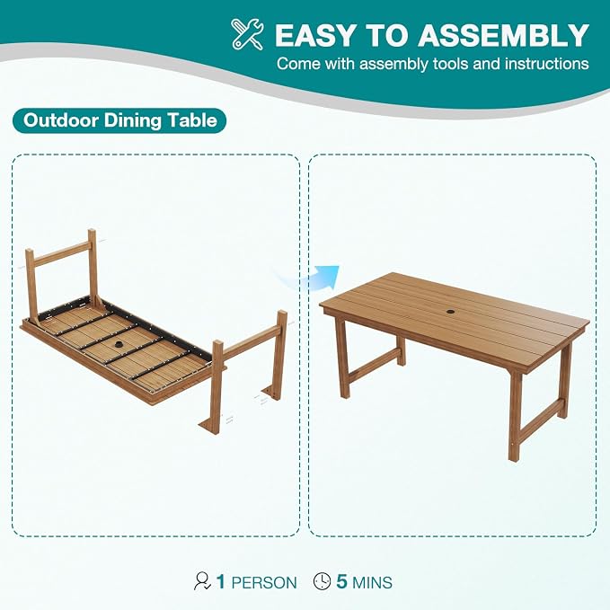 Mdeam 7-Piece HIPS Outdoor Dining Set, 66.9" Wood Texture Patio Table with Umbrella Hole, 440LBS Capacity, 6 Wider Chairs, Dining Table Set for 6, Outdoor Furniture with Galvanized Steel Frame, Teak - Image 7