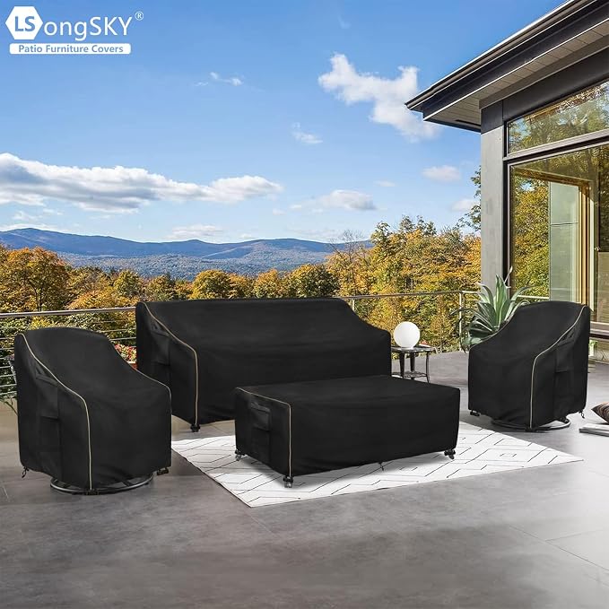 Patio Furniture Covers 4 Piece Set, 600D Heavy Duty Outdoor Furniture Covers Waterproof for Patio 3-Seater Sofa,Swivel Rocker Chair and Coffee Table Furniture Set,Black - Image 2