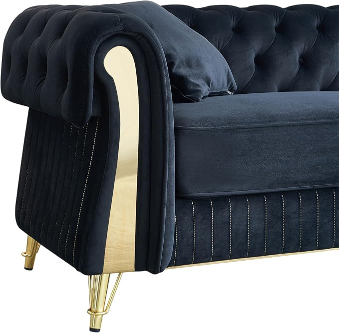 KEIKI 89" Chesterfield Velvet Button Tufted Sofa with High Density Foam Cushions and 2 Toss Pillows, Modern Style 3-Seater Couch with 4 Gold Metal Leg, Easy Assembly, for Living Room, Apartment, Black