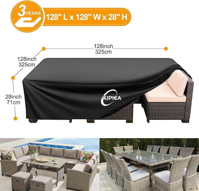 Kipiea Patio Furniture Covers Waterproof Winter, Heavy-Duty Outdoor Furniture Set Covers for Table Chairs, Anti-UV, No Tears or Fading (128" L x 128" W x 28" H) - Image 2