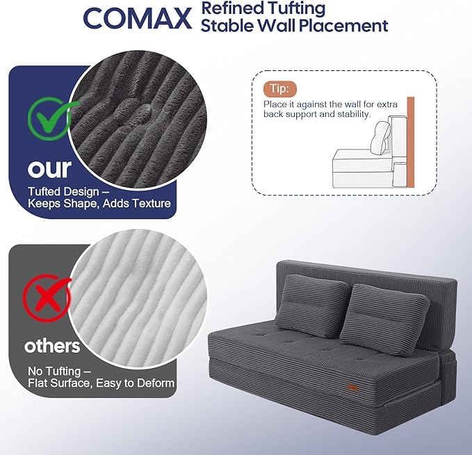 COMAX Folding Sofa Bed, Foldable Couch for Bedroom, Convertible Floor Sleeper Futon Chair Foam, Corduroy 3 in 1 Fold Out Chair Portable Comfy Lounge Couch Sofa Bed for Small Space, Full, Grey