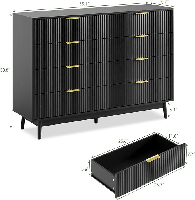 LYNSOM Fluted Dresser and Nightstand Set, 3 Pieces Bedroom Set, 55 Inch Wide 8-Drawer Dresser & 2-Drawer Nightstands Set of 2, Modern Dressers Set for Bedroom, Hallway, Black