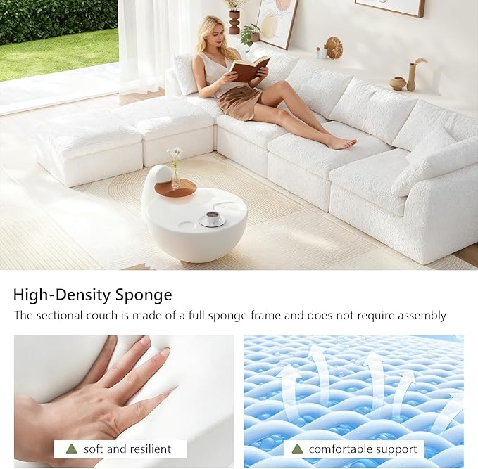 138" Modular Sectional Sofa Boneless Cloud Couch for Living Room, U Shape Deep Seat Recliner Sofa with Ottoman, Adjustable Backrest & 2 Throw Pillows - Covers Washable, (White, 4 Seater+2 Ottoman)